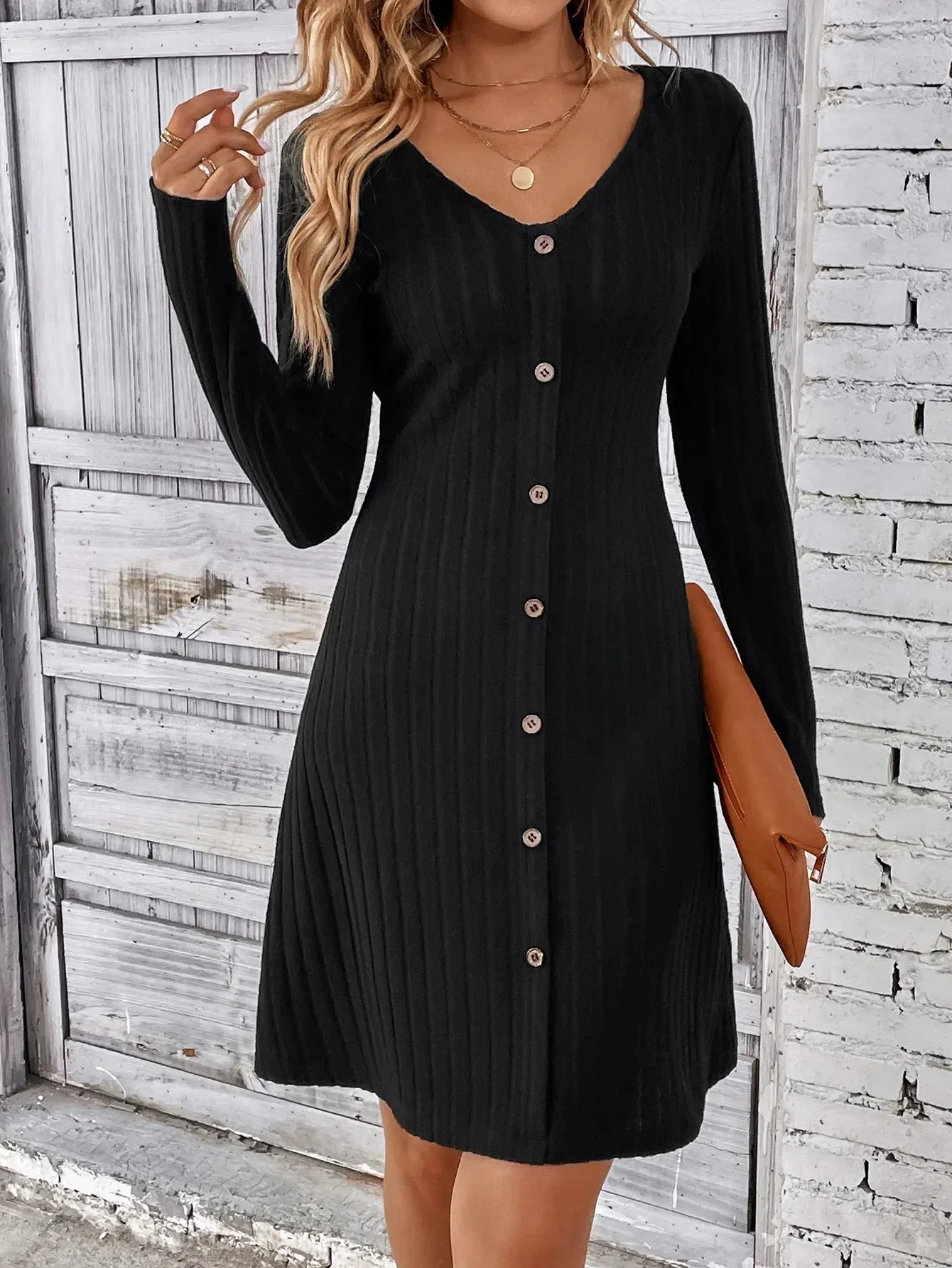 Fashion Solid Ribbed Knitted Mini Dress Women Button Long Sleeve A Line Dresses 2023 Autumn Lady Streetwear Robe