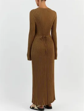 FEORJGP Womens Long Sleeve Rib Knit Long Dress Elegant Crew Neck Ribbed Knitted Midi Dress Solid Color Maxi Dress Streetwear