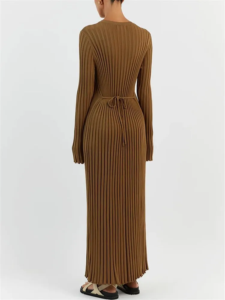 FEORJGP Womens Long Sleeve Rib Knit Long Dress Elegant Crew Neck Ribbed Knitted Midi Dress Solid Color Maxi Dress Streetwear