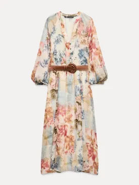 Floral print midi dress with belt