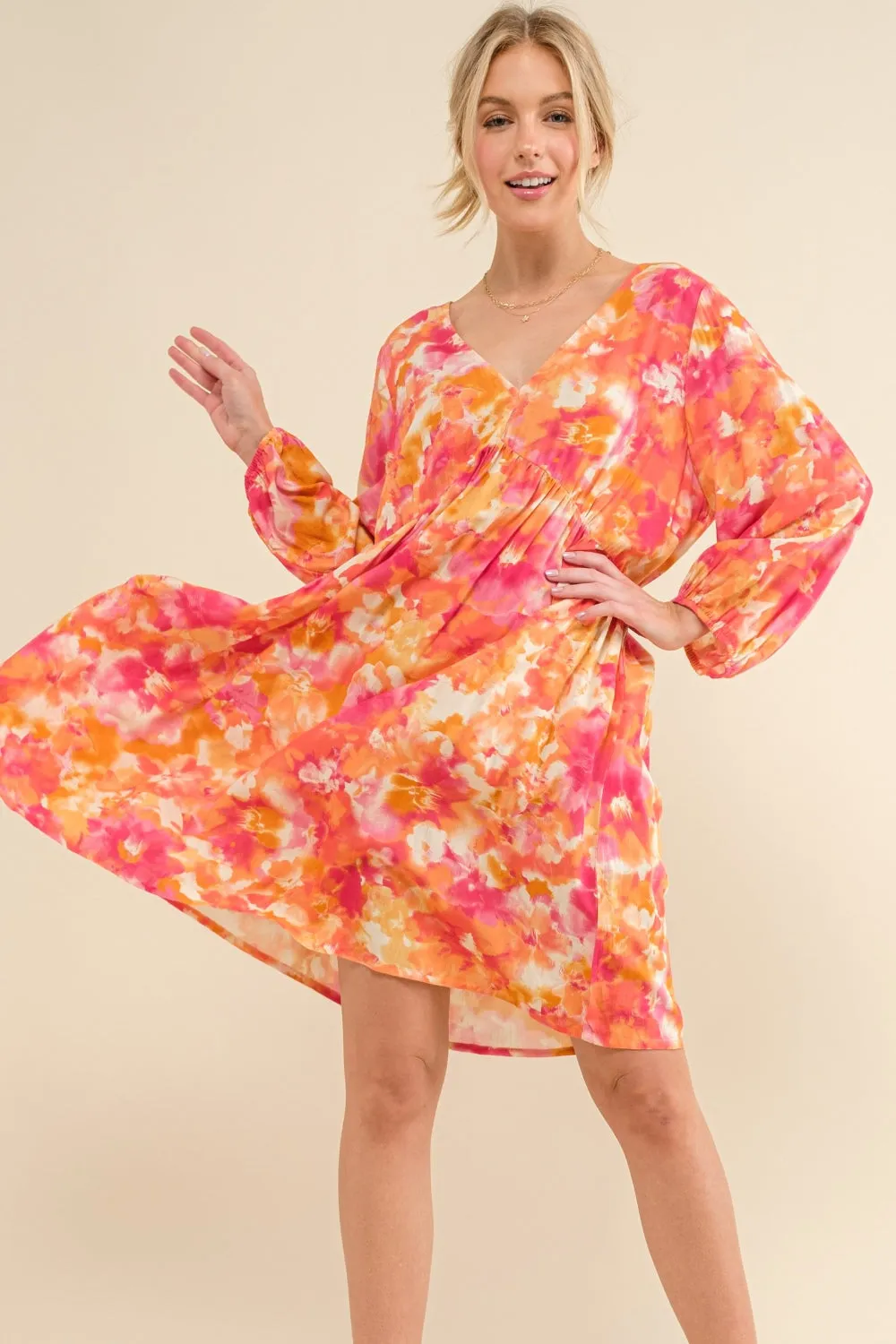 Full Size Printed Tie Back Long Sleeve Dress