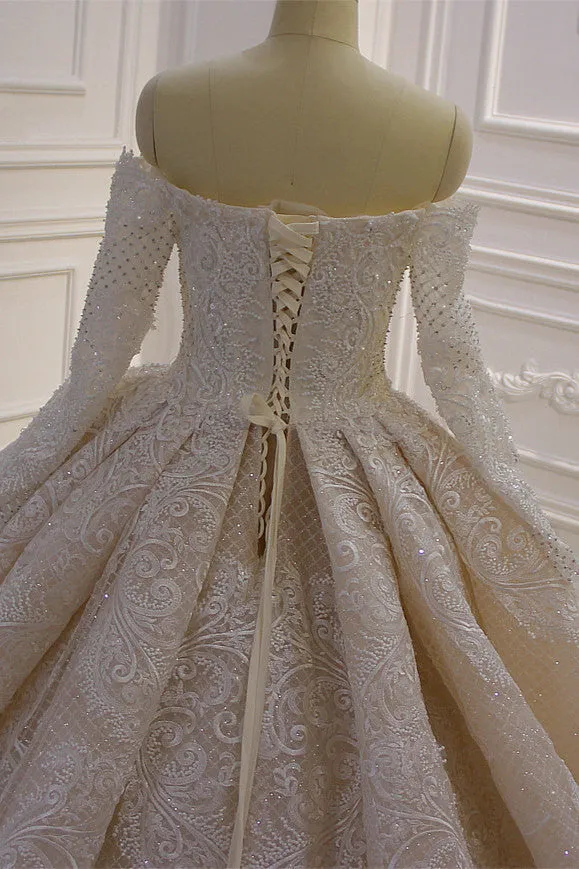 Gorgeous Long Sleeve Off the Shoulder Appliques Lace Ball Gown Wedding Dress