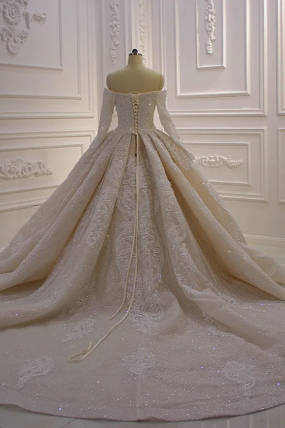 Gorgeous Long Sleeve Off the Shoulder Appliques Lace Ball Gown Wedding Dress