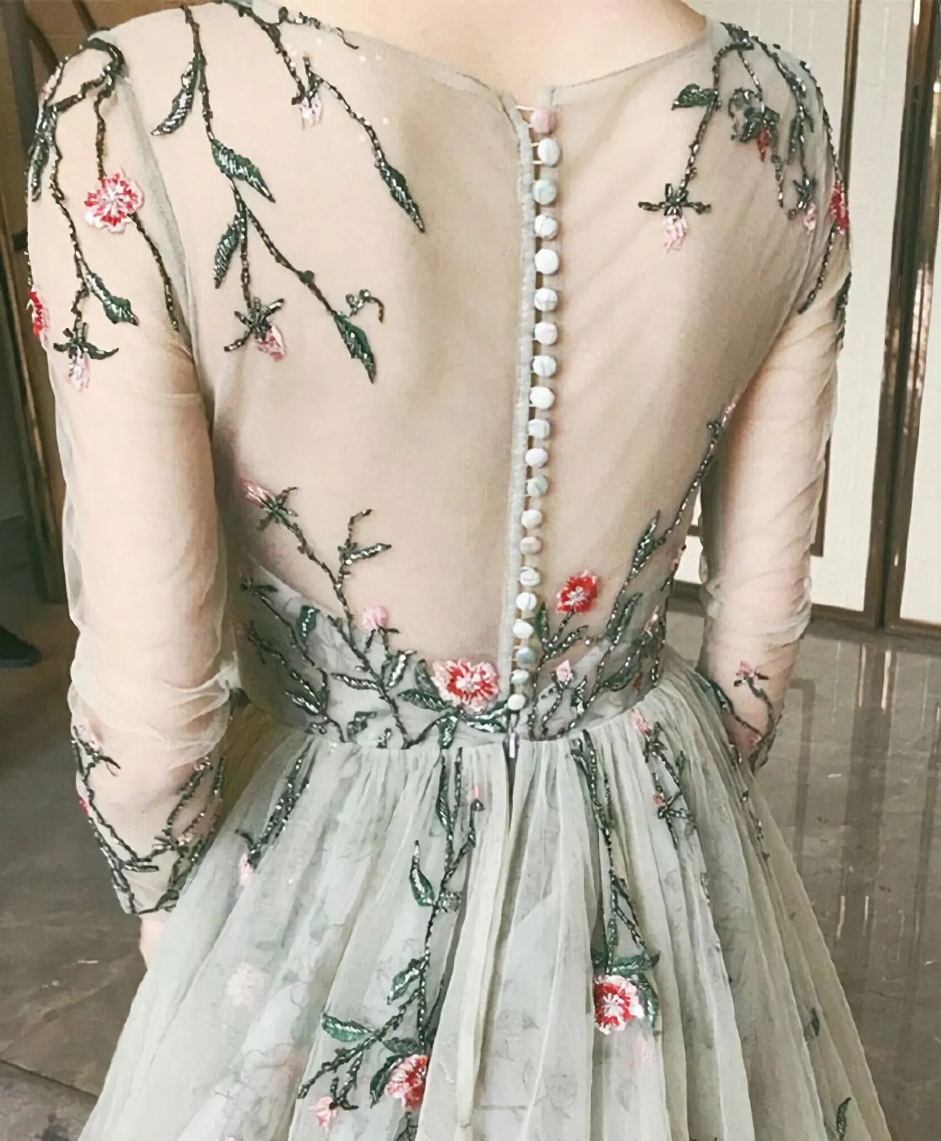 Gray V Neck Tulle Long Prom Dress Long Sleeve Evening Dress 1