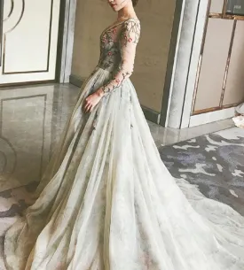 Gray V Neck Tulle Long Prom Dress Long Sleeve Evening Dress 1