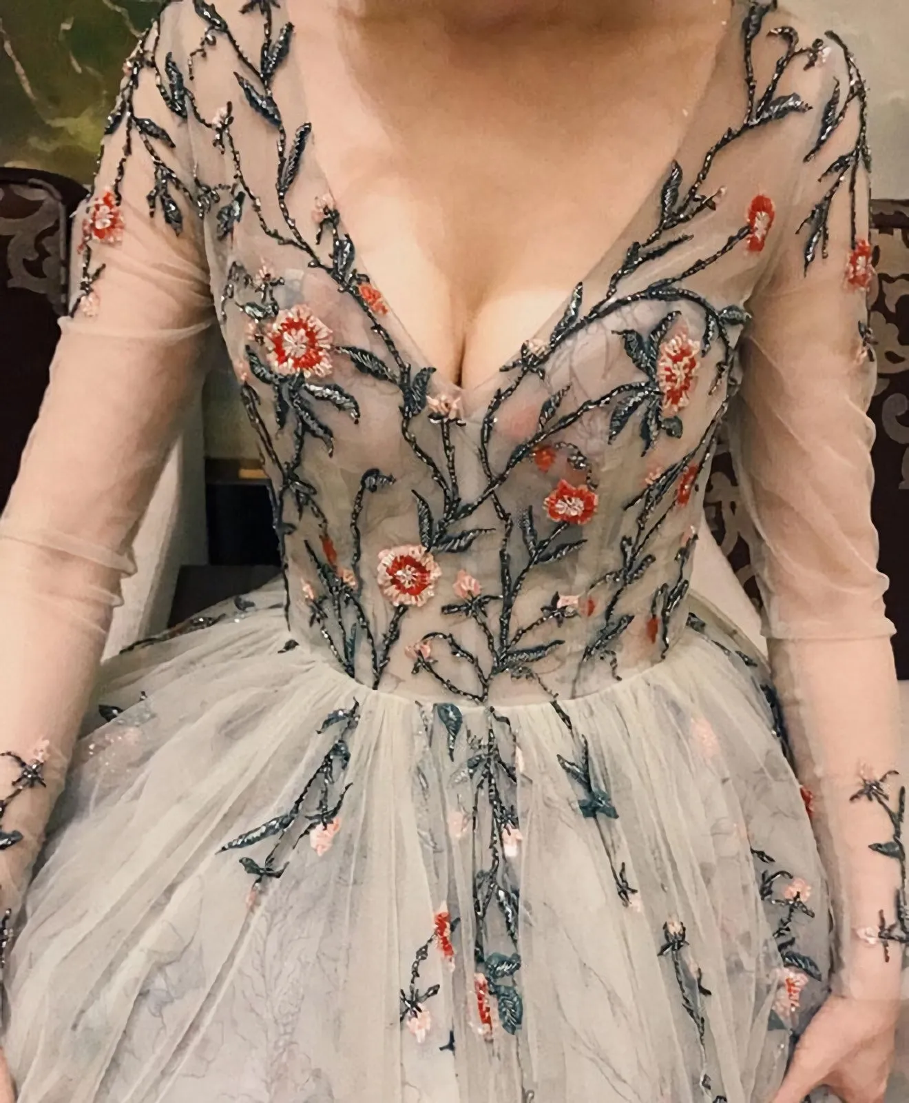 Gray V Neck Tulle Long Prom Dress Long Sleeve Evening Dress 1