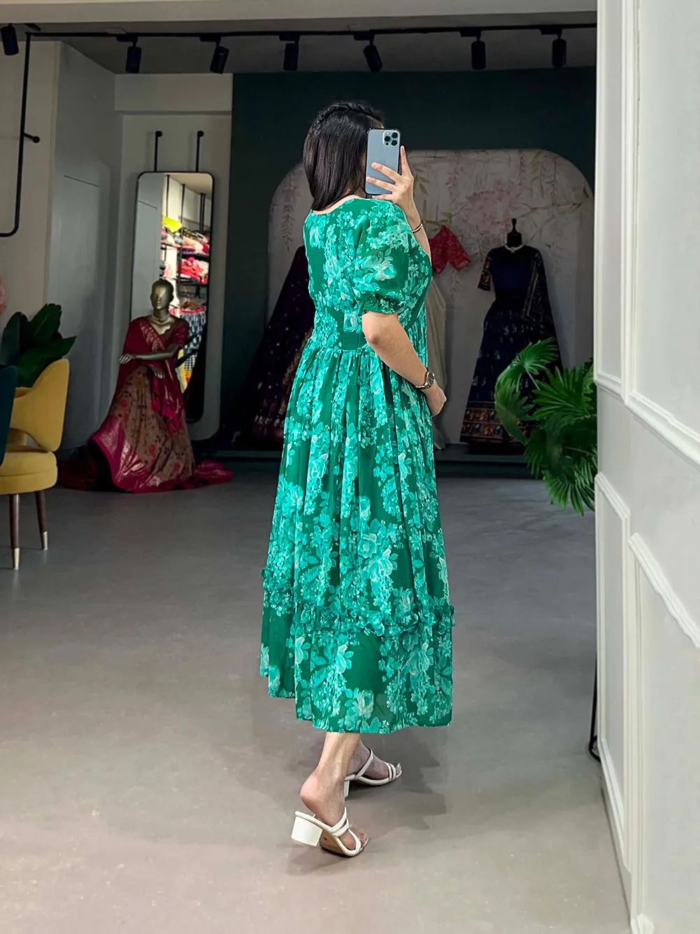 Green Floral Georgette Frock for Effortless Summer Style