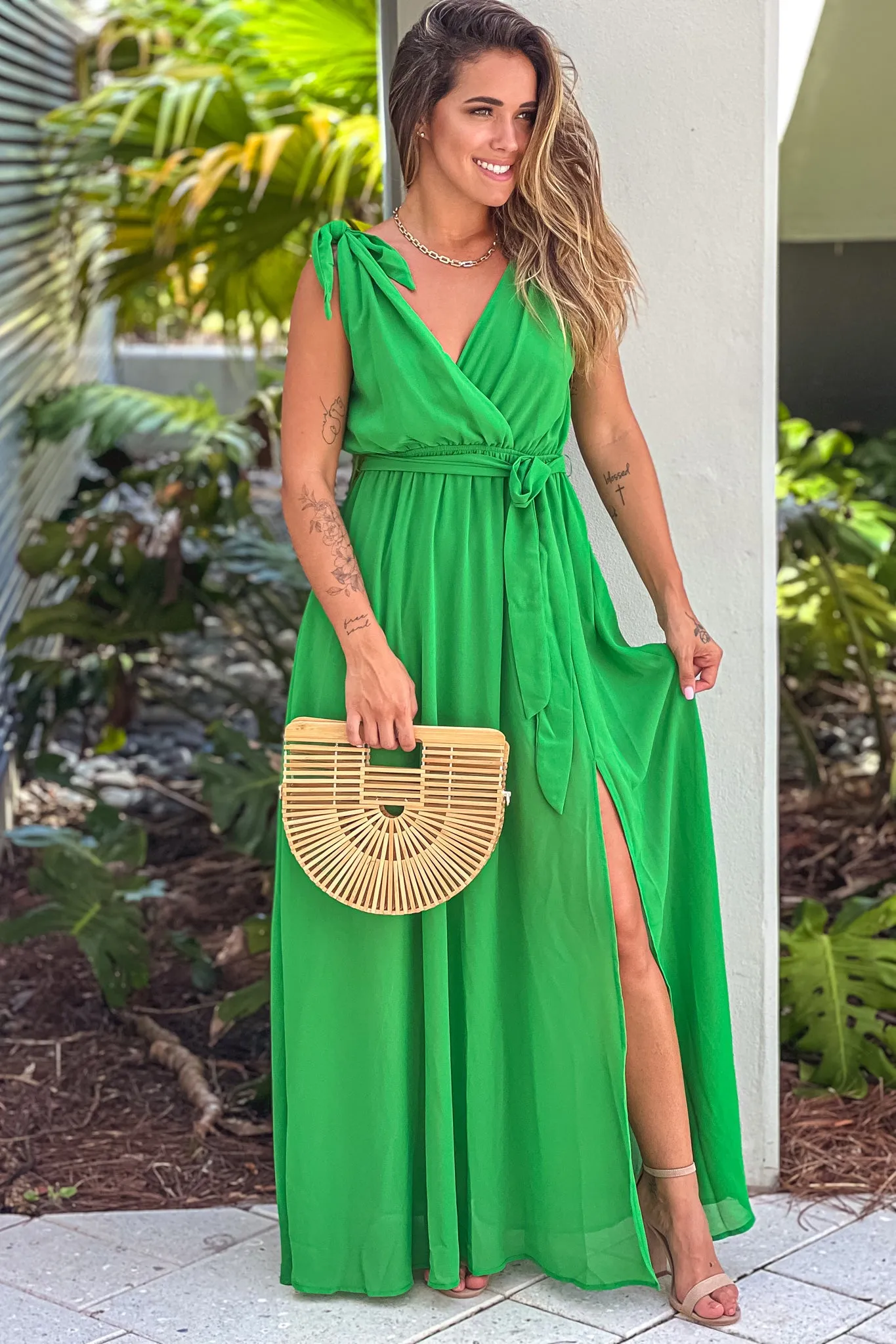 Green V-Neck Maxi Dress With Tie Straps