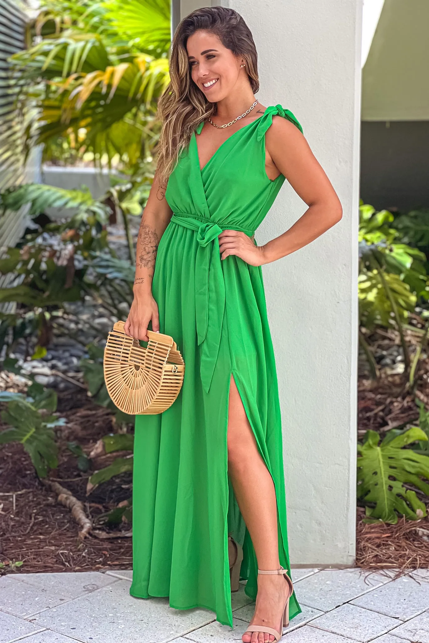 Green V-Neck Maxi Dress With Tie Straps