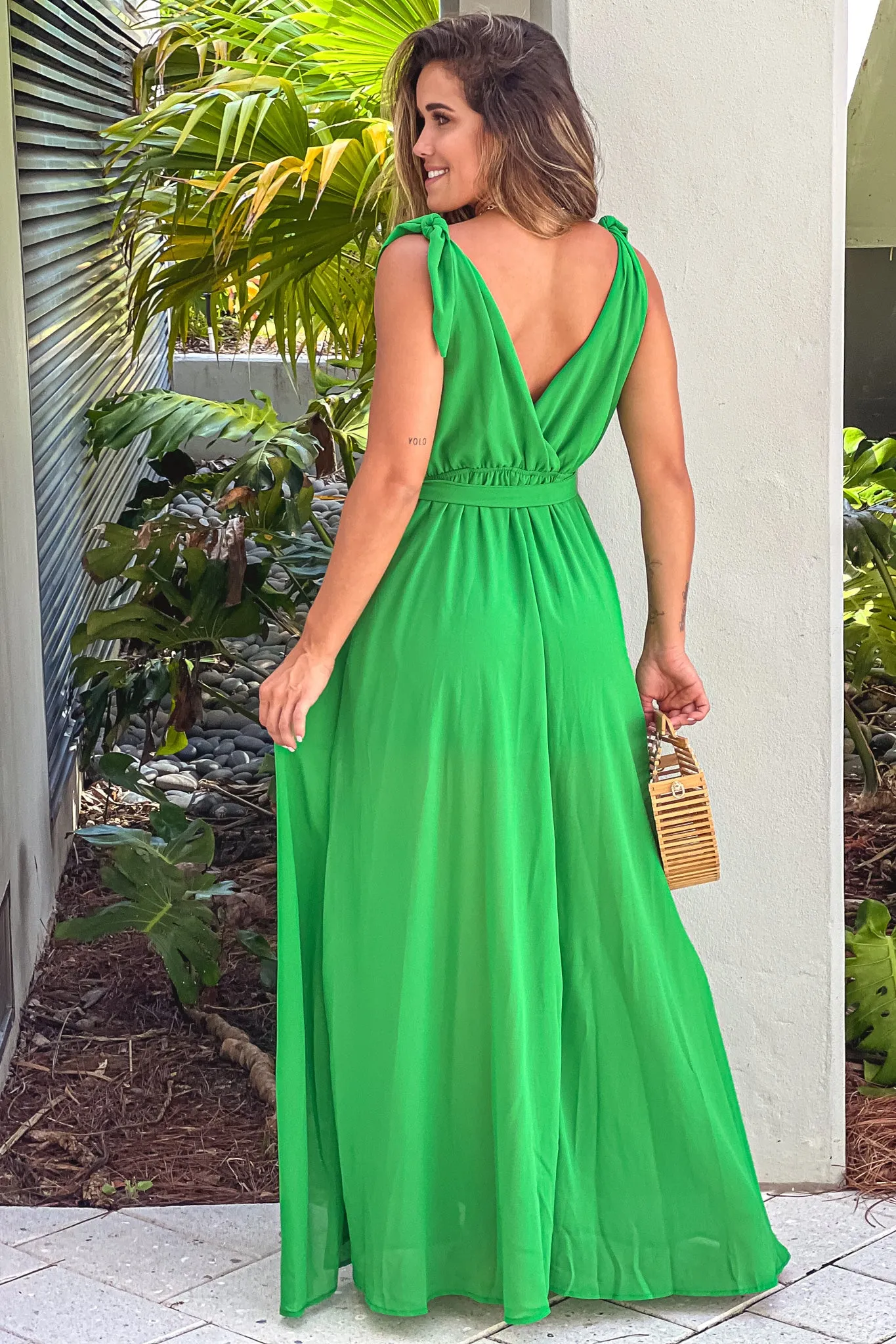 Green V-Neck Maxi Dress With Tie Straps