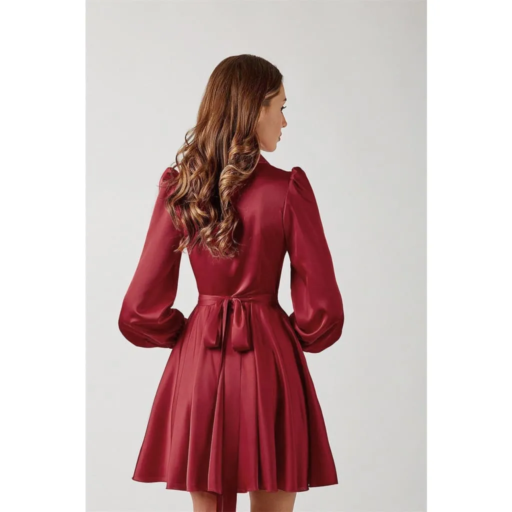 High Waist Shawl Collar Lantern Sleeve Satin A-Line Hem Dress