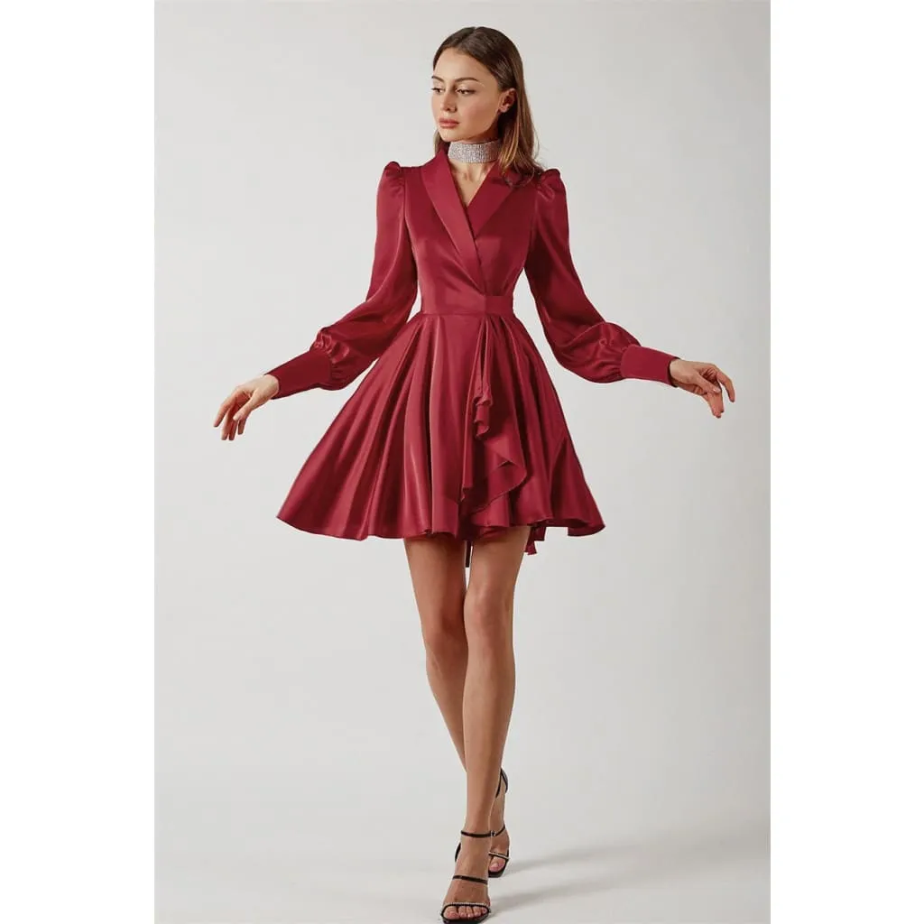 High Waist Shawl Collar Lantern Sleeve Satin A-Line Hem Dress