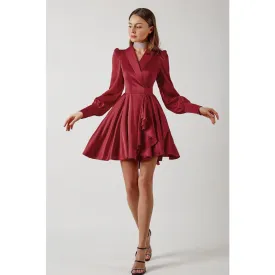 High Waist Shawl Collar Lantern Sleeve Satin A-Line Hem Dress