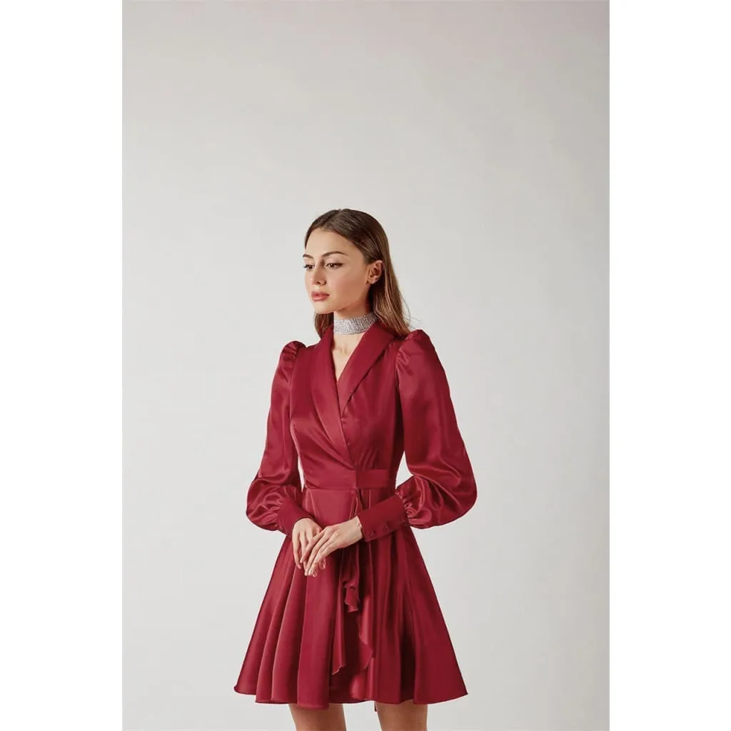 High Waist Shawl Collar Lantern Sleeve Satin A-Line Hem Dress