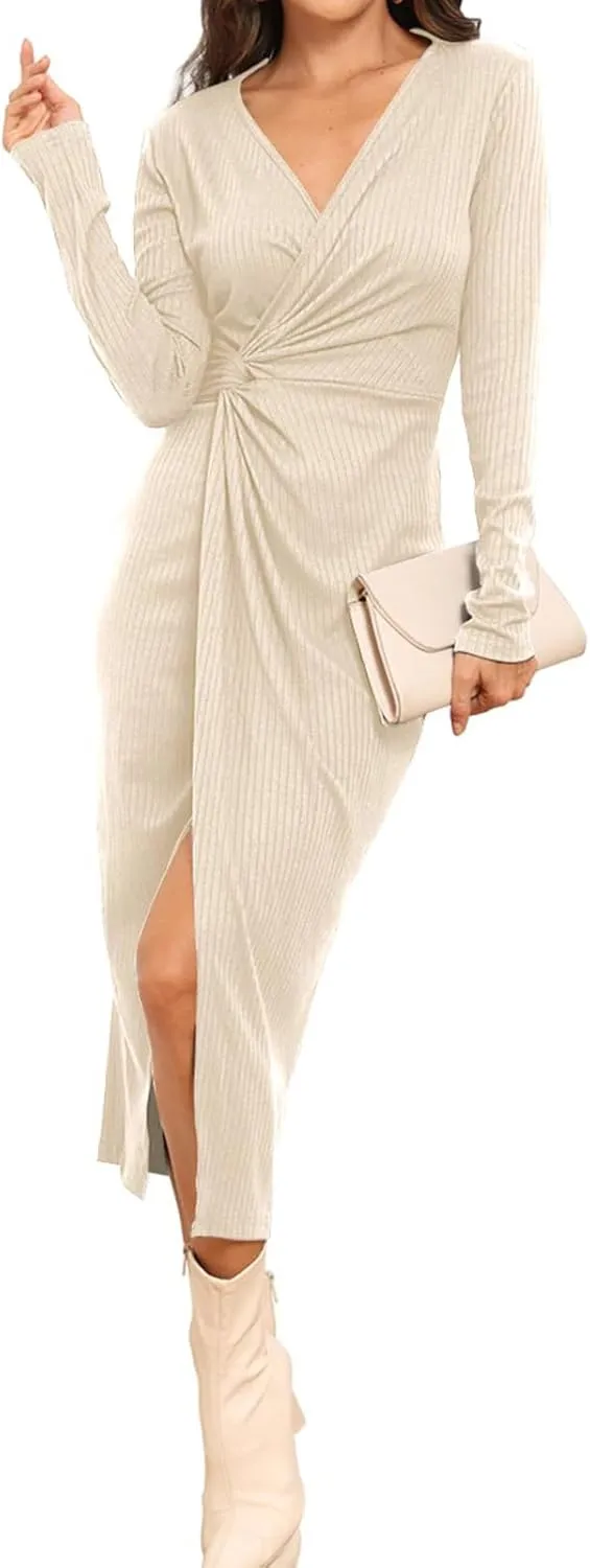Hount Women's 2024 Fall V Neck Long Sleeve Sweater Dress Casual Ribbed Knit Bodycon Midi Cocktail Dress with Slit