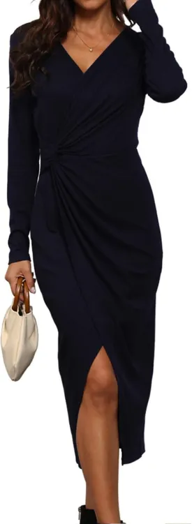 Hount Women's 2024 Fall V Neck Long Sleeve Sweater Dress Casual Ribbed Knit Bodycon Midi Cocktail Dress with Slit