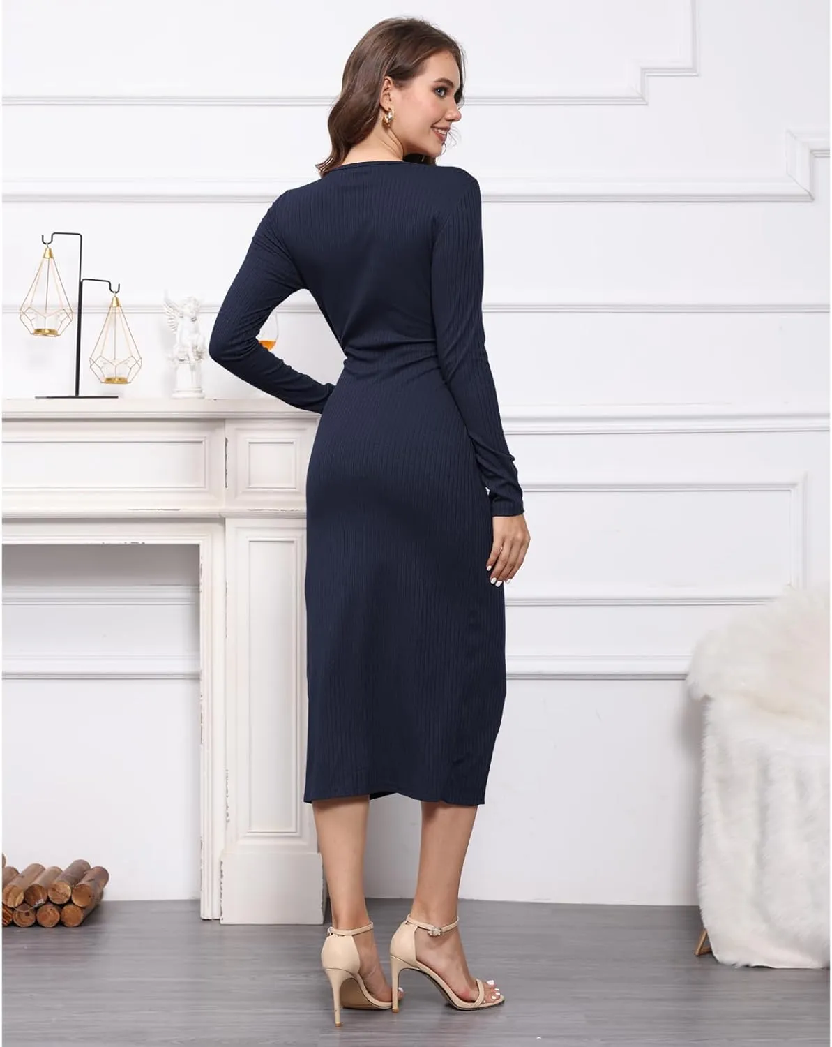 Hount Women's 2024 Fall V Neck Long Sleeve Sweater Dress Casual Ribbed Knit Bodycon Midi Cocktail Dress with Slit