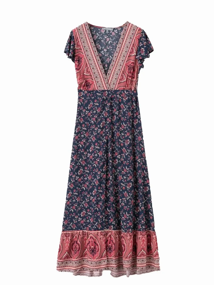Jastie Vintage Floral Print Maxi Dress Summer Short Sleeve V-Neck Wrap Dresses Casual Beach Long Dress Boho Chic Women Vestidos