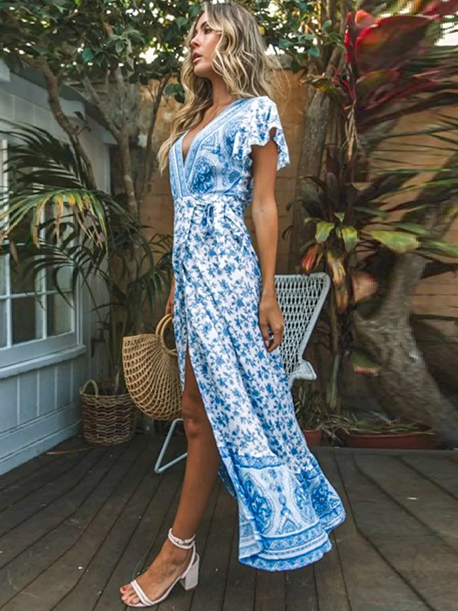 Jastie Vintage Floral Print Maxi Dress Summer Short Sleeve V-Neck Wrap Dresses Casual Beach Long Dress Boho Chic Women Vestidos
