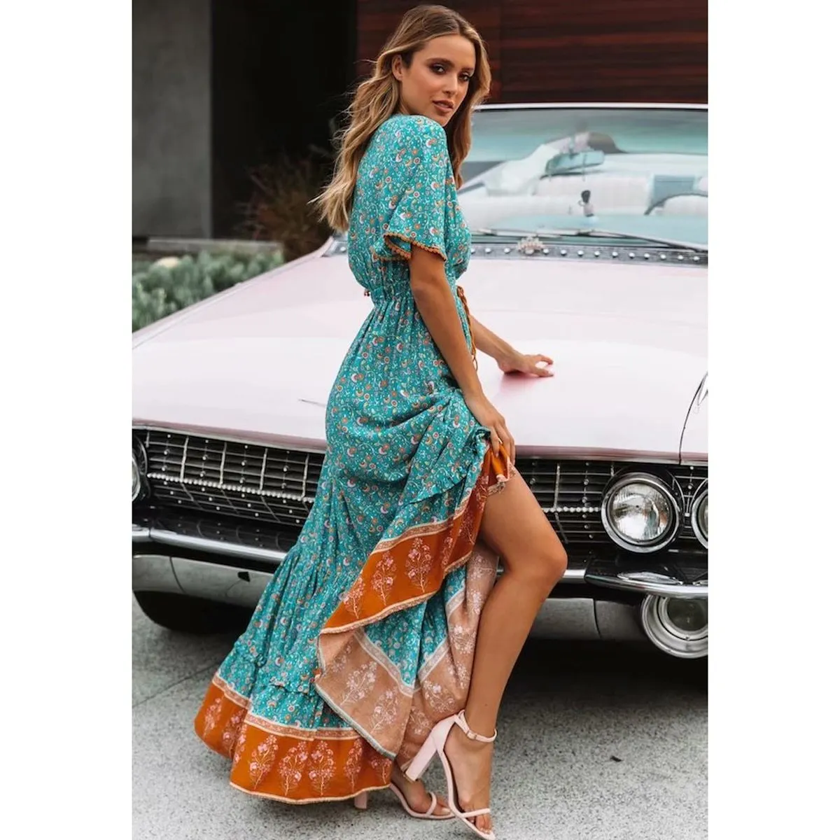 Jastie Vintage Print Maxi Dress Waist tie Ruffle Hem Boho Dresses Women Beach Long Dresses V-Neck Short Sleeve Summer Dress