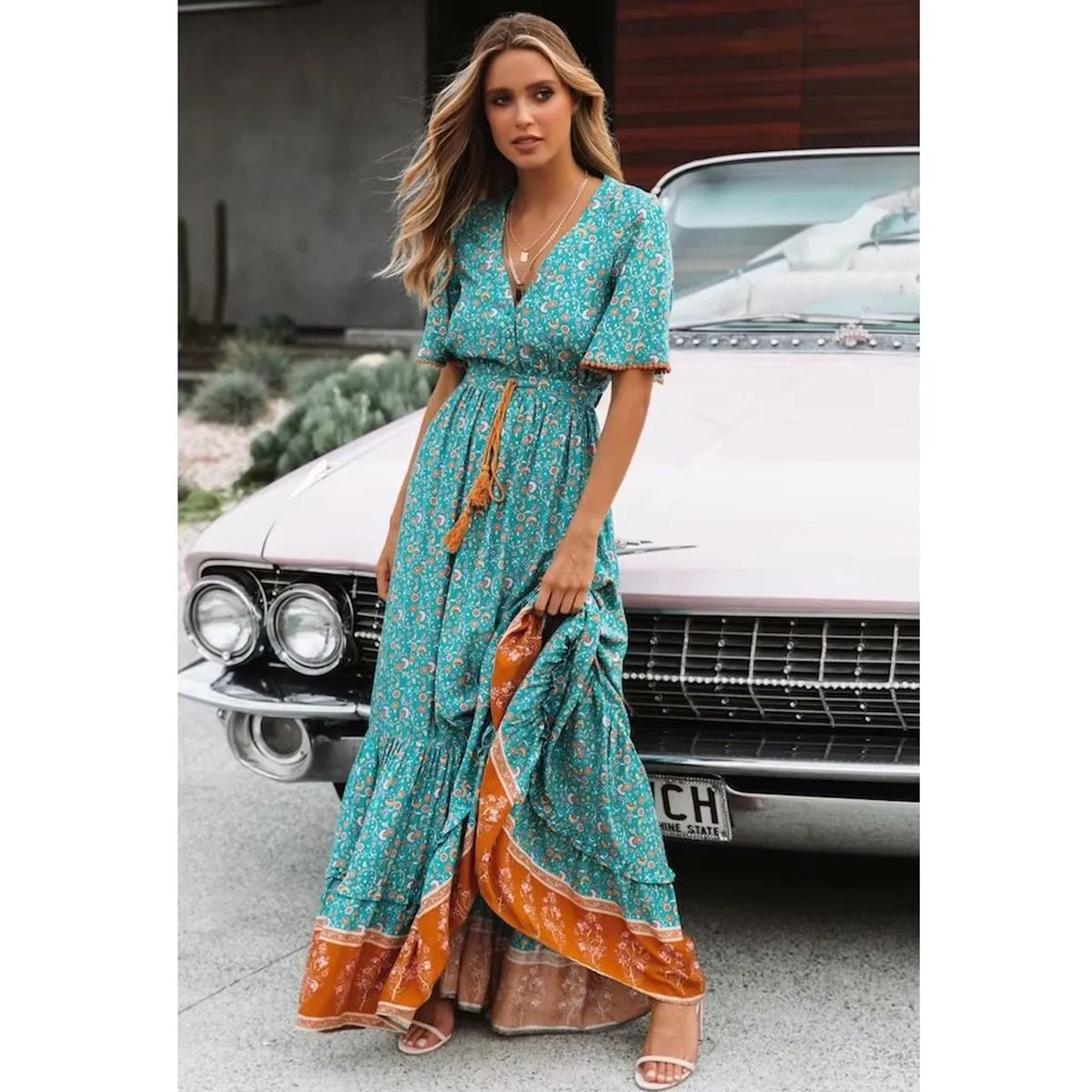 Jastie Vintage Print Maxi Dress Waist tie Ruffle Hem Boho Dresses Women Beach Long Dresses V-Neck Short Sleeve Summer Dress