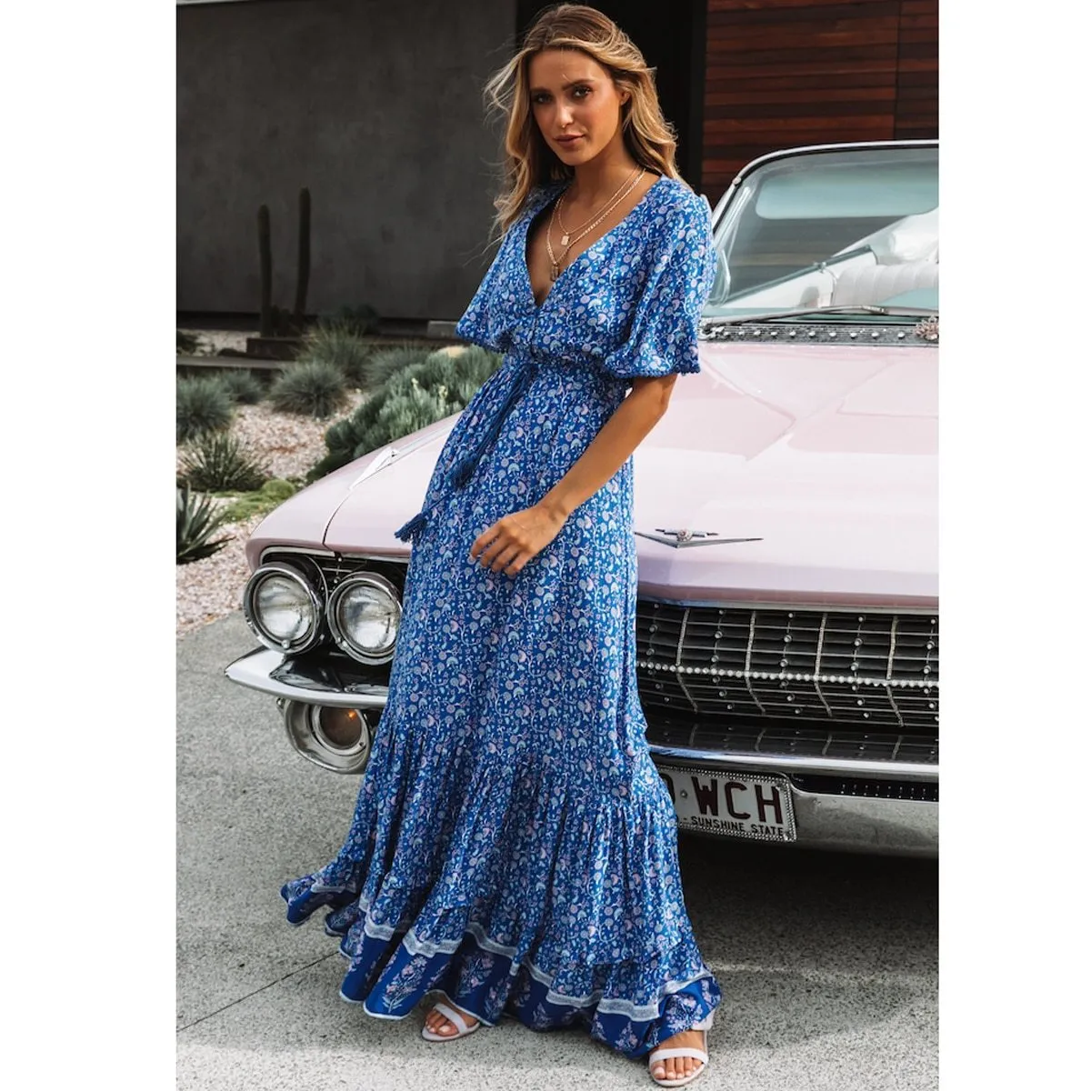 Jastie Vintage Print Maxi Dress Waist tie Ruffle Hem Boho Dresses Women Beach Long Dresses V-Neck Short Sleeve Summer Dress