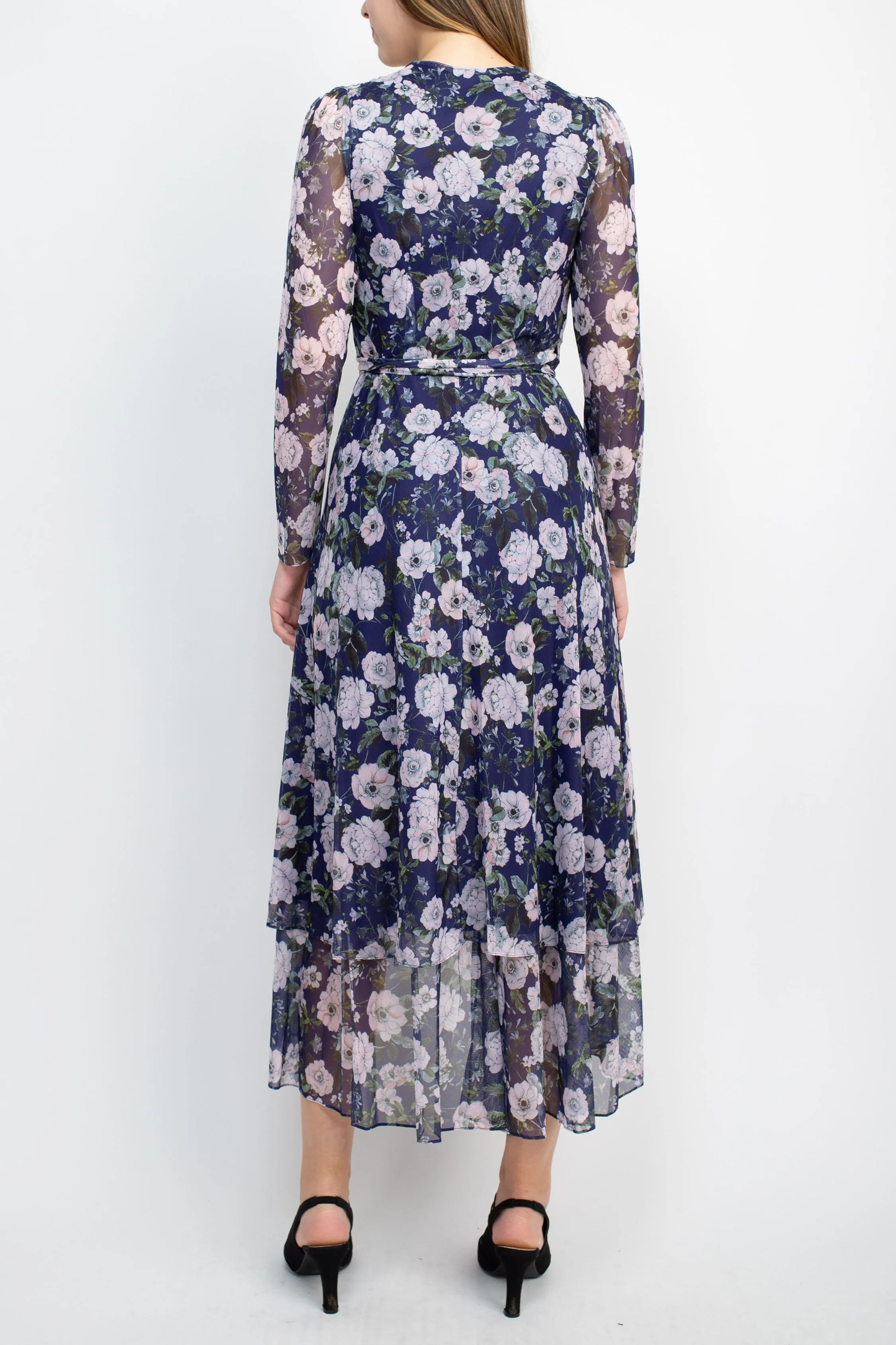 Laundry V-Neck Long Sleeve Tie Waist Floral Print Tiered Power Mesh Dress