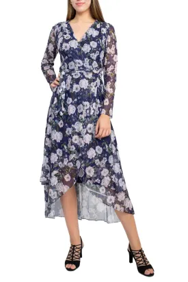 Laundry V-Neck Long Sleeve Tie Waist Floral Print Tiered Power Mesh Dress