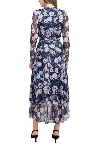 Laundry V-Neck Long Sleeve Tie Waist Floral Print Tiered Power Mesh Dress