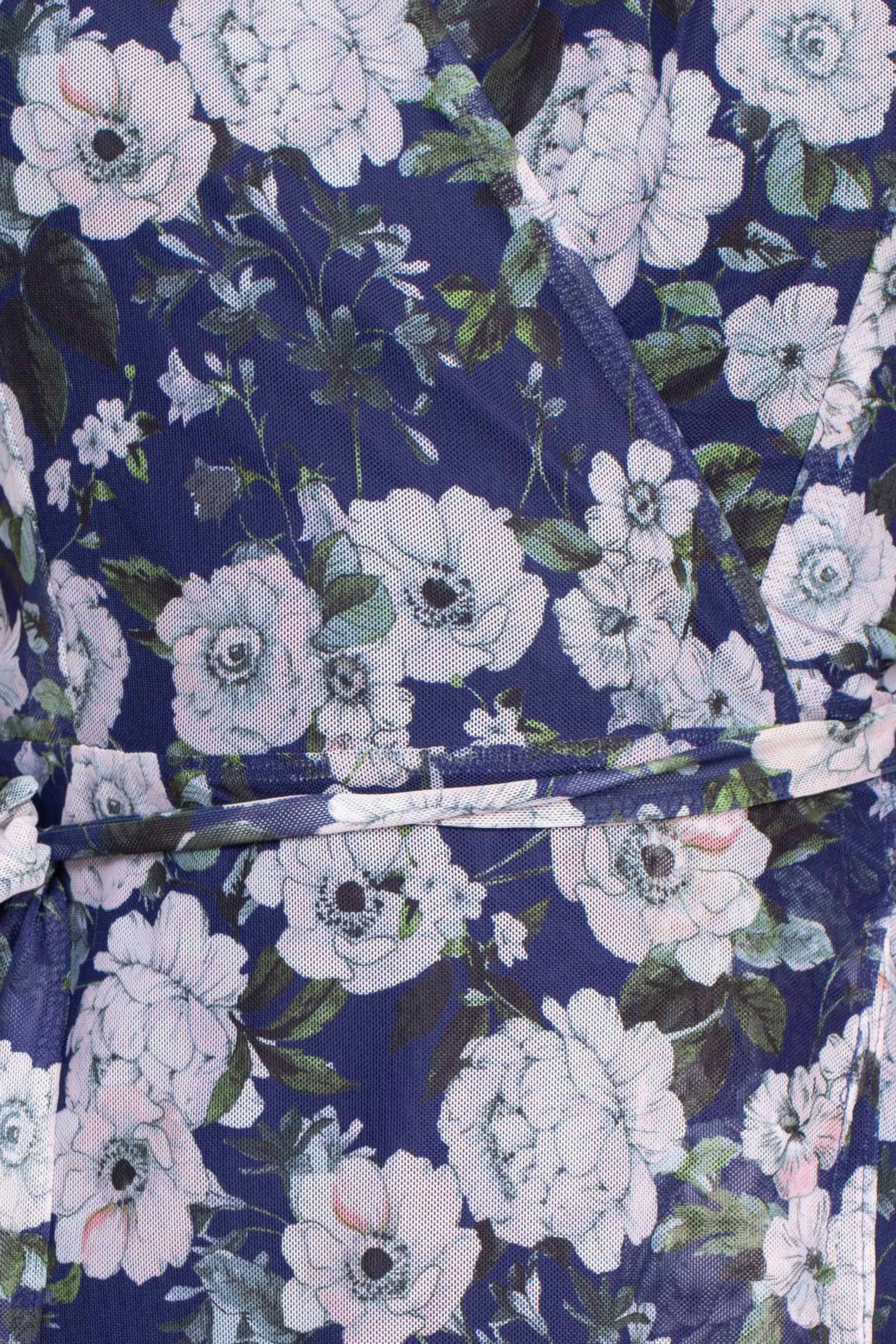 Laundry V-Neck Long Sleeve Tie Waist Floral Print Tiered Power Mesh Dress