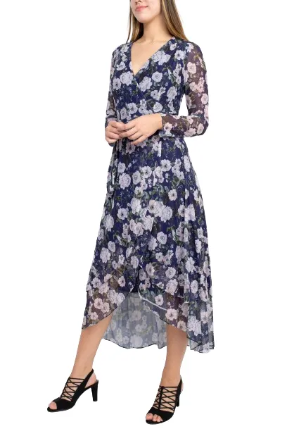 Laundry V-Neck Long Sleeve Tie Waist Floral Print Tiered Power Mesh Dress
