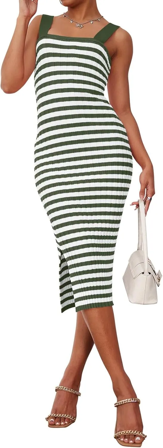 LEANI Women's 2025 Summer Bodycon Midi Dress Striped Square Neck Sundress Side Slit Knit Beach Vacation Dresses