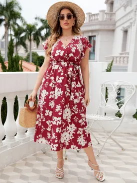 Let's Keep It Simple Plus Size Floral Tie Waist Surplice Neck Midi Dress