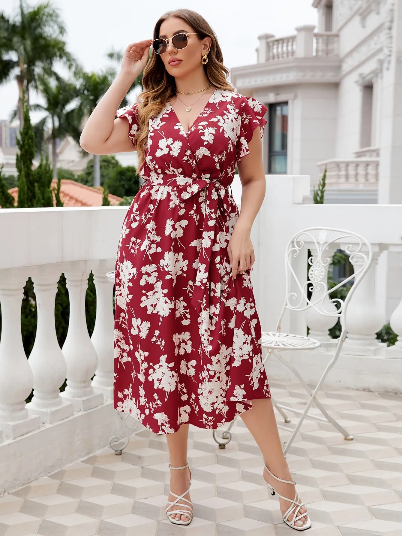 Let's Keep It Simple Plus Size Floral Tie Waist Surplice Neck Midi Dress