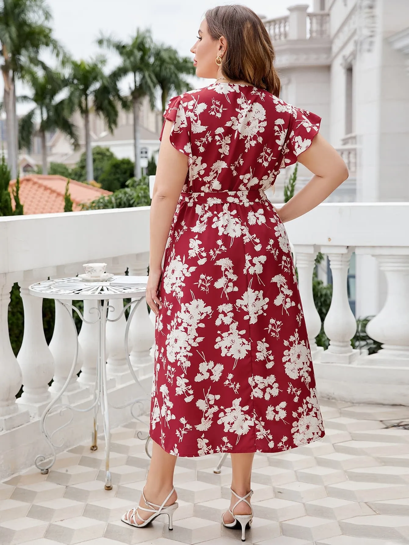 Let's Keep It Simple Plus Size Floral Tie Waist Surplice Neck Midi Dress