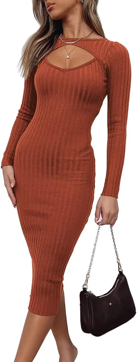 LILLUSORY Fall Womens Sweaters Bodycon Sweater Dress 2023 Long Sleeve Midi Knit Dresses