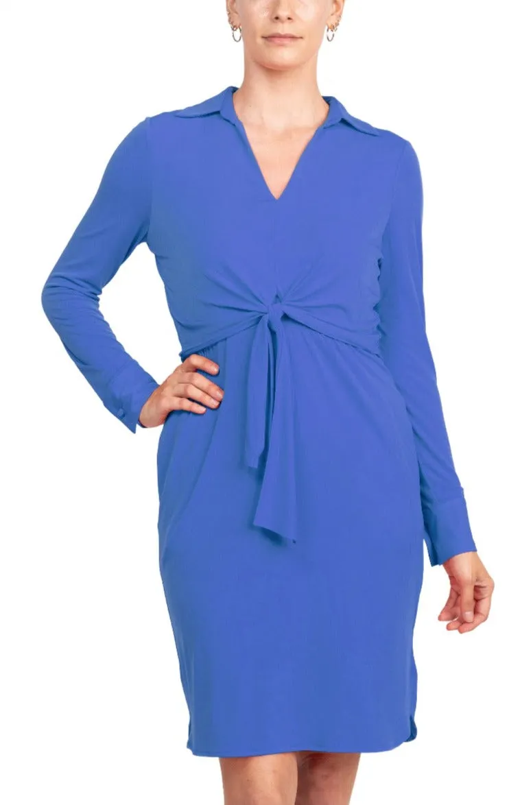 London Times Collared V-Neck Long Sleeve Solid Tie Front Short Matte Jersey Dress