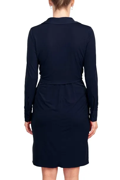 London Times Collared V-Neck Long Sleeve Solid Tie Front Short Matte Jersey Dress