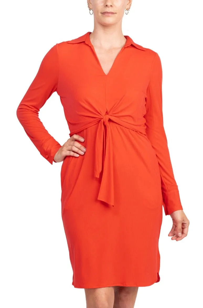 London Times Collared V-Neck Long Sleeve Solid Tie Front Short Matte Jersey Dress