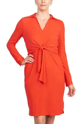 London Times Collared V-Neck Long Sleeve Solid Tie Front Short Matte Jersey Dress