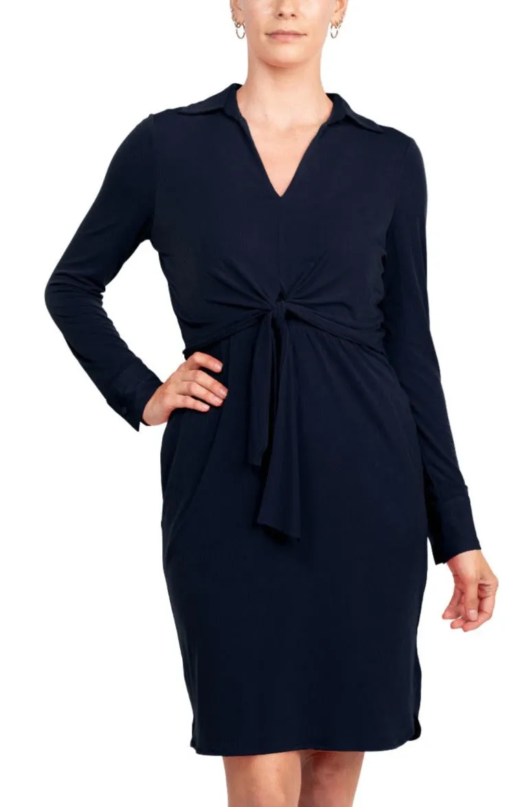 London Times Collared V-Neck Long Sleeve Solid Tie Front Short Matte Jersey Dress
