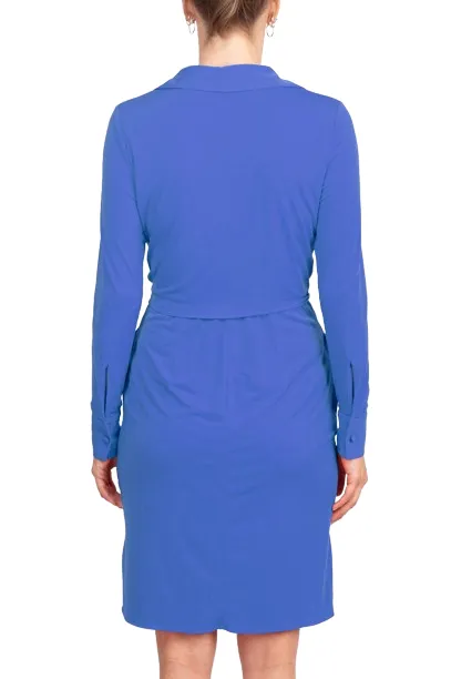 London Times Collared V-Neck Long Sleeve Solid Tie Front Short Matte Jersey Dress