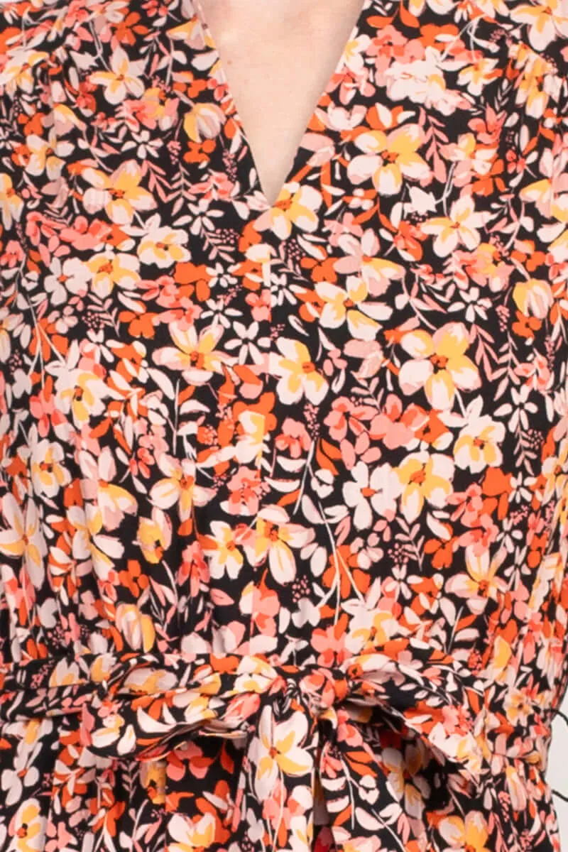 London Times Split Neck Long Sleeve Elastic Cuff’s Tie Waist Ruched Back Floral Print Rayon Dress