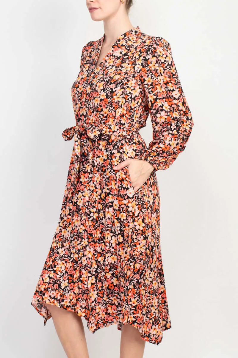 London Times Split Neck Long Sleeve Elastic Cuff’s Tie Waist Ruched Back Floral Print Rayon Dress