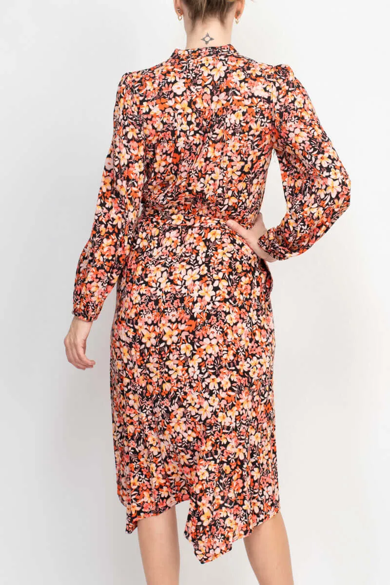 London Times Split Neck Long Sleeve Elastic Cuff’s Tie Waist Ruched Back Floral Print Rayon Dress