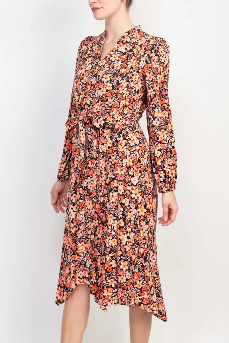 London Times Split Neck Long Sleeve Elastic Cuff’s Tie Waist Ruched Back Floral Print Rayon Dress