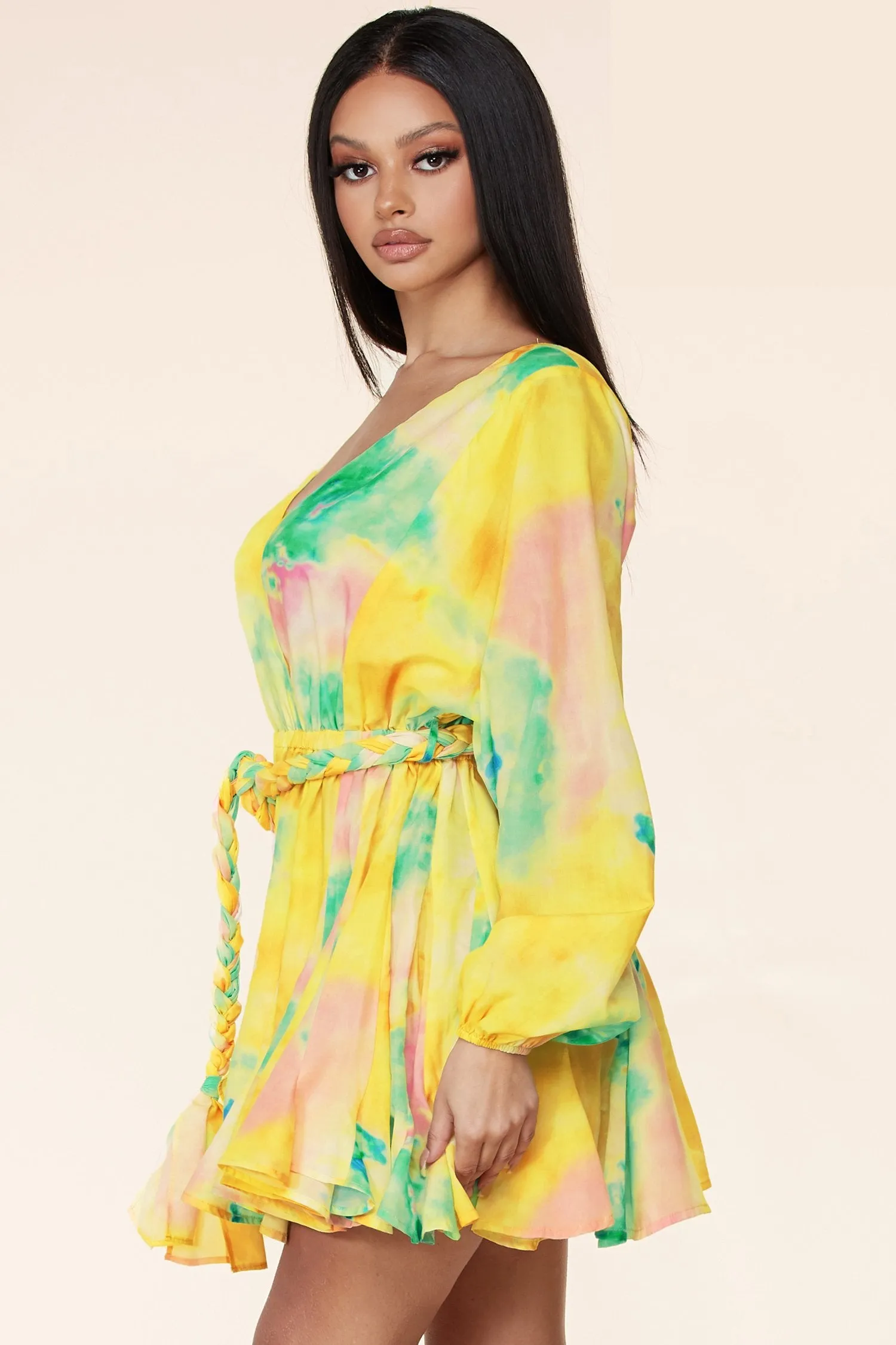 Long Sleeve Multi-Color Tie Dye Mini Dress