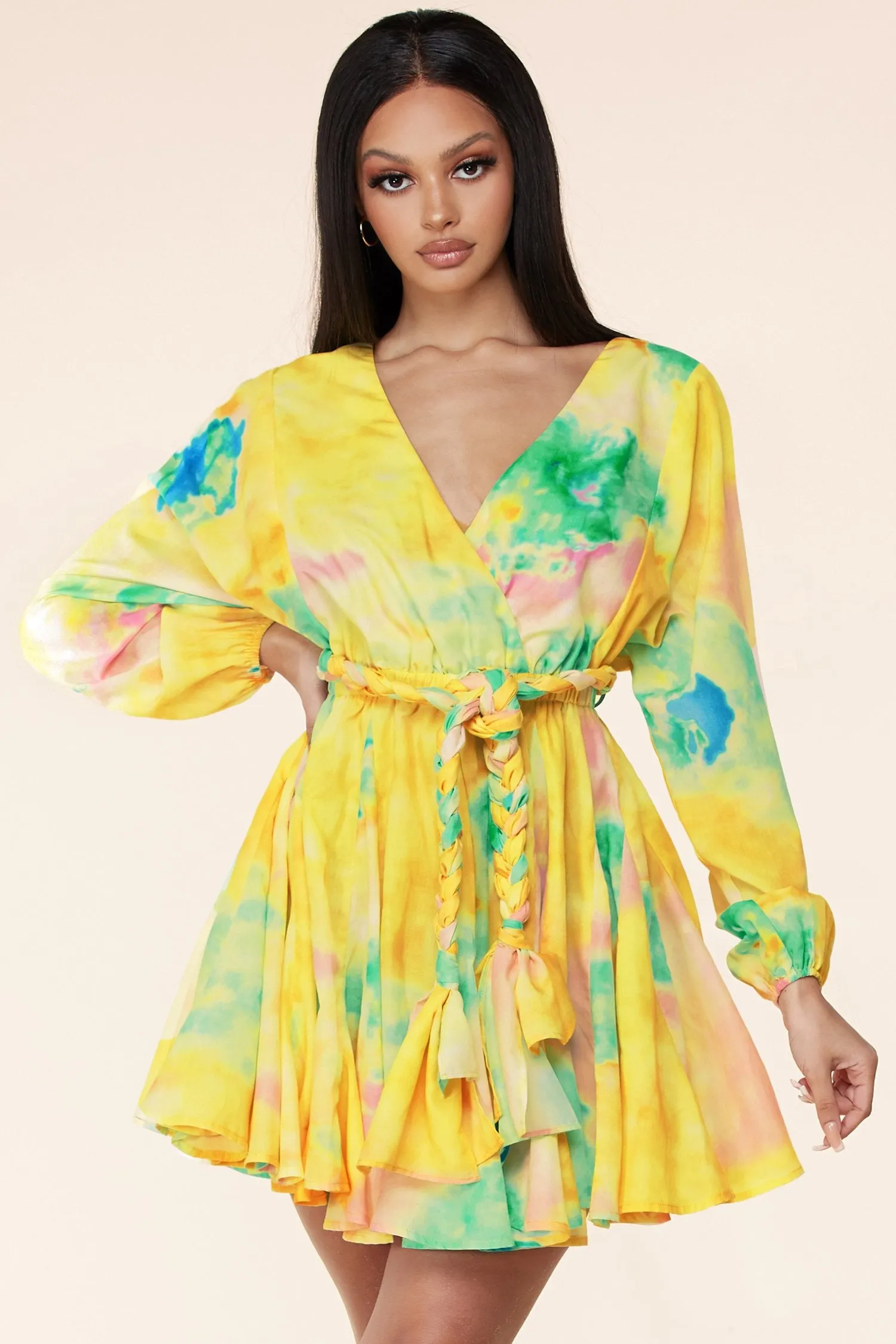 Long Sleeve Multi-Color Tie Dye Mini Dress
