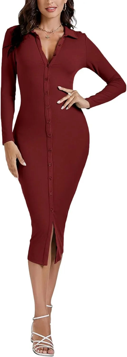 LYANER Women's Casual Ribbed Knit Button Down Collar V Neck Long Sleeve Bodycon Midi Dress