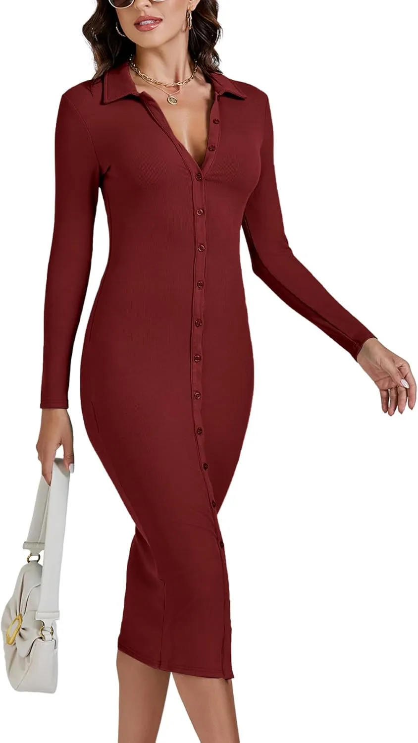 LYANER Women's Casual Ribbed Knit Button Down Collar V Neck Long Sleeve Bodycon Midi Dress